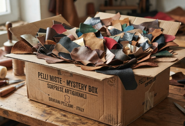 Dettaglio pelli mystery box vitello e capra" e "Formati mystery box pellame 3kg 5kg 10kg
